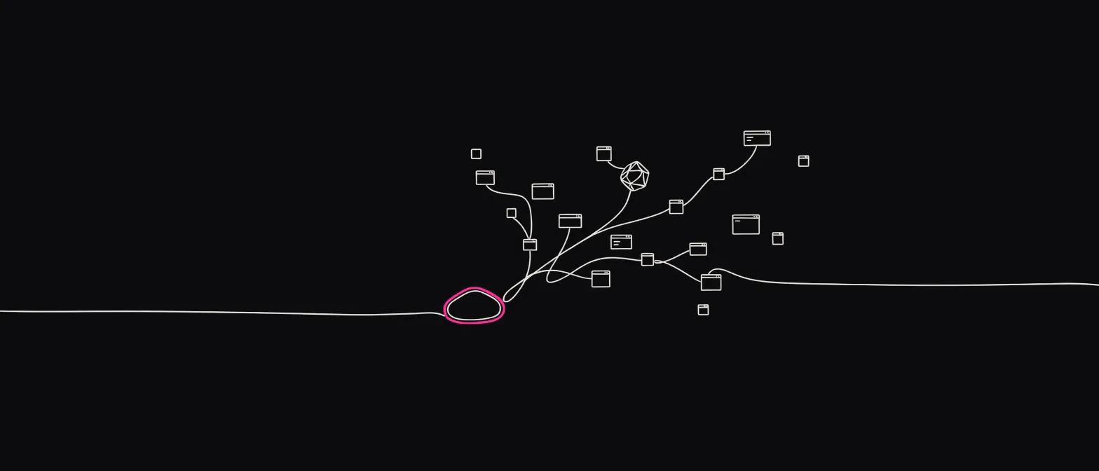 A single off-white line runs across a near-black ground and loops around a small pebble drawn in magenta, then branches upward into a scattered constellation of small application windows and one faceted wireframe solid.