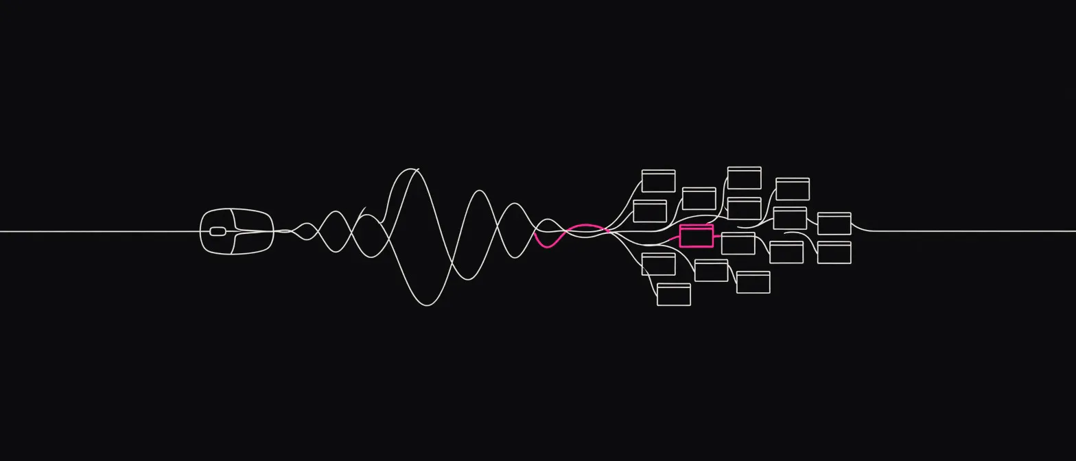 A single continuous off-white line runs across a near-black ground: it outlines a computer mouse on the left, rises into a sound wave, then branches into a dozen small window rectangles on the right, one of them drawn in magenta.