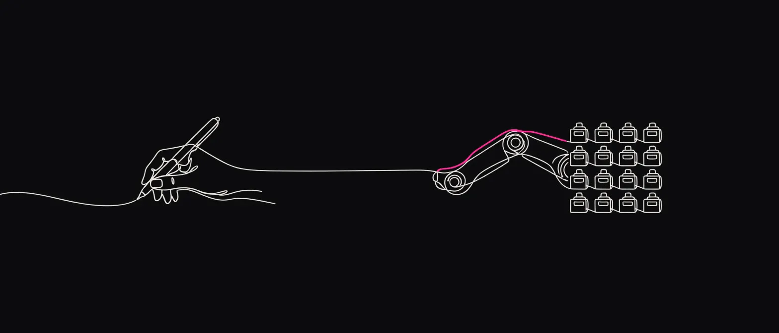 A single continuous line drawing that starts as a hand holding a pen and straightens into a robotic arm above a grid of identical products.