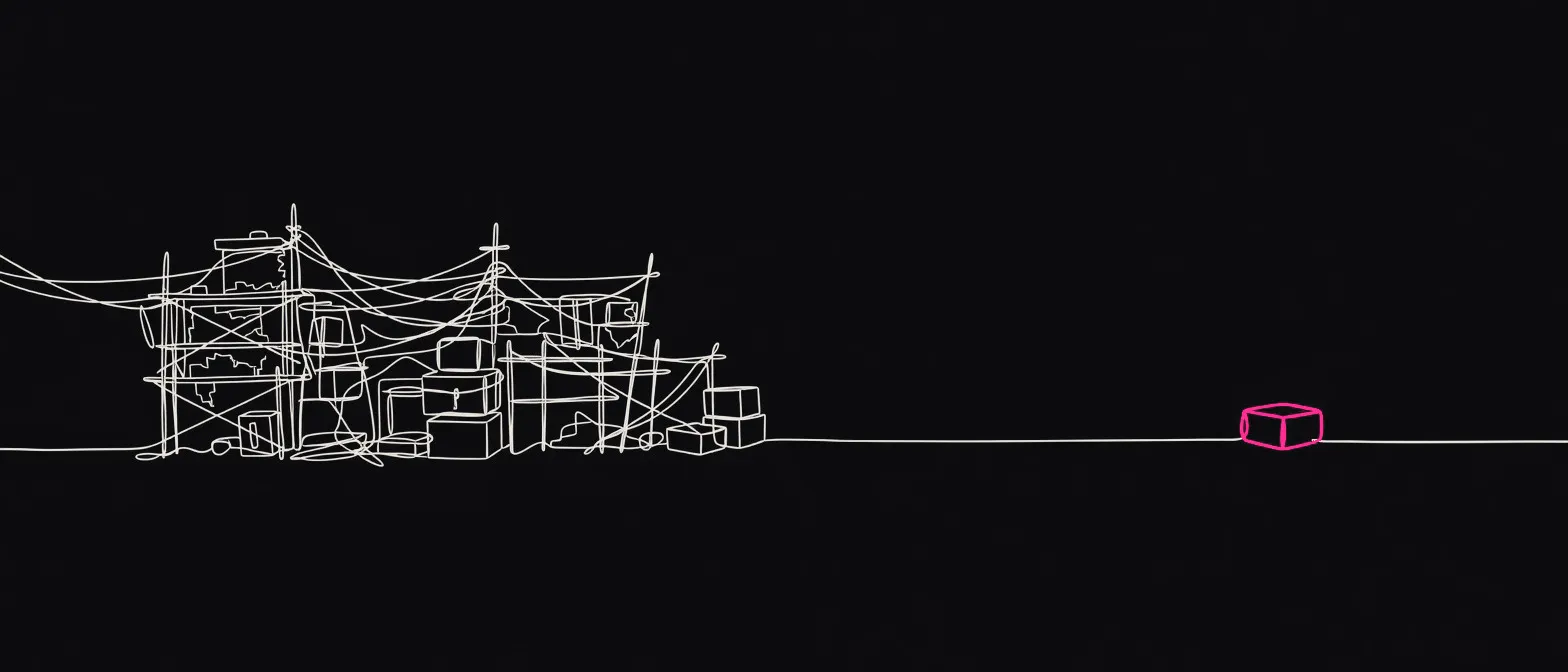 A single off-white line runs across a near-black ground from a sprawling tangle of stacked boxes, scaffolding and sagging wires on the left, across a long empty stretch, to one small cube drawn in magenta on the right.